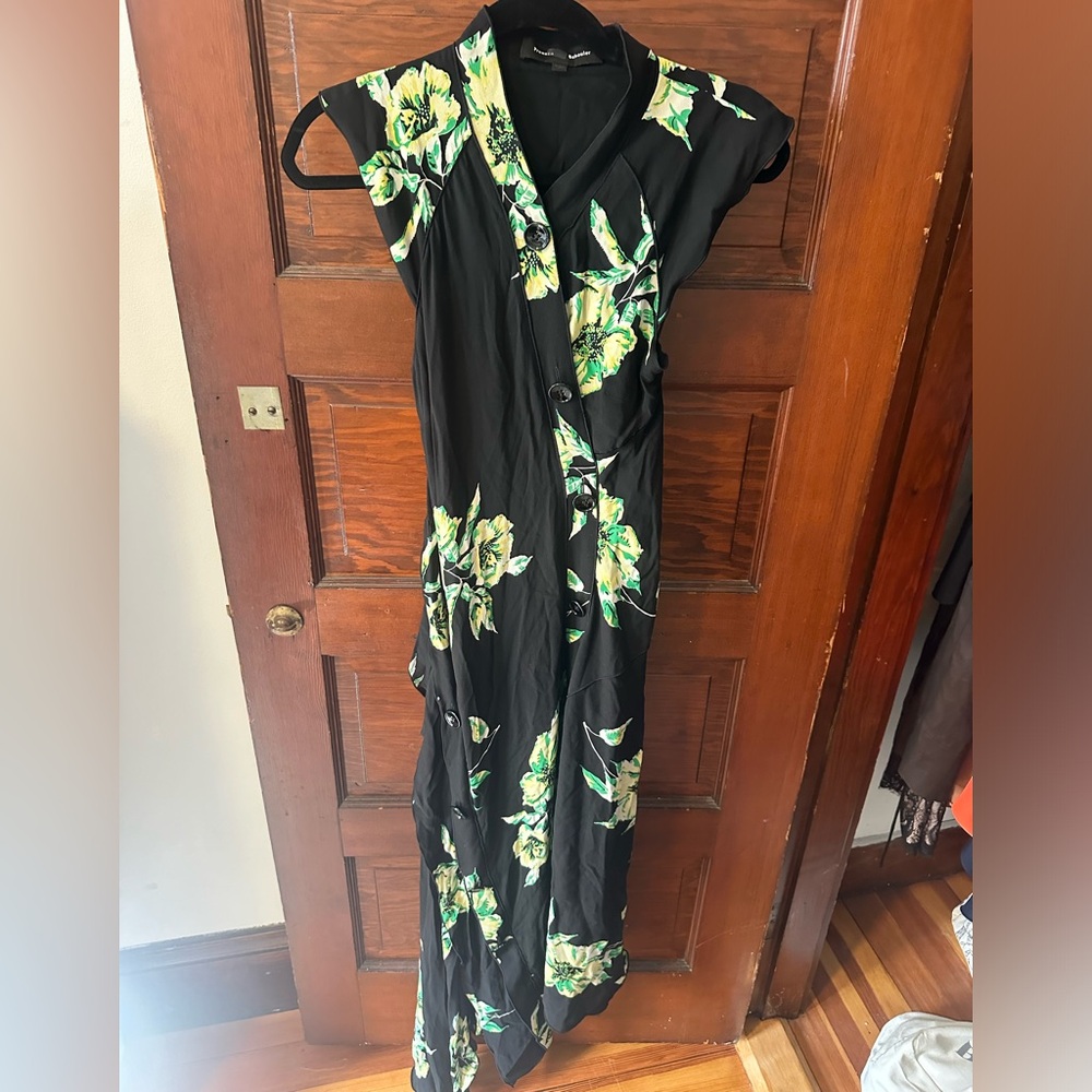 Proenza Schouler Black Maxi Dress with Green & Yellow Floral Print